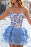 A Line Strapless Short Yellow Floral Homecoming Dress with Ruffles