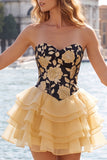 A Line Strapless Short Yellow Floral Homecoming Dress with Ruffles