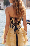 A Line Strapless Short Yellow Floral Homecoming Dress with Ruffles