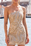 Sparkly Gold and Champagne Tight Short Beaded Homecoming Dress