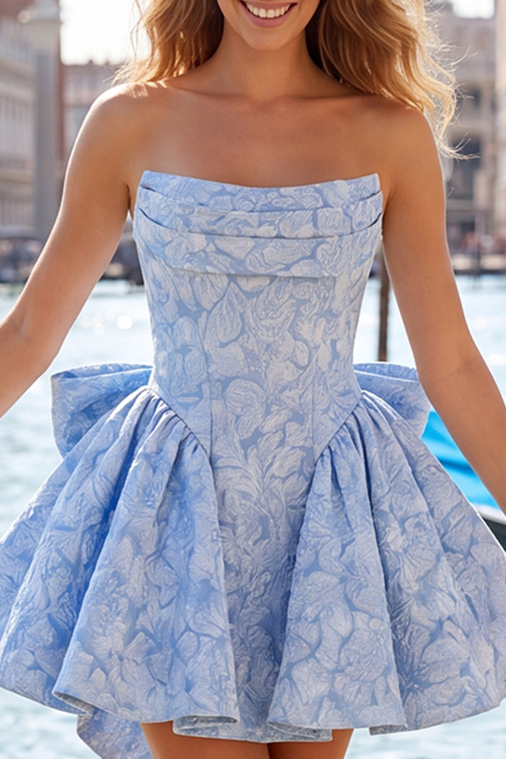 Bule Jacquard Strapless A-Line Short Homecoming Dress with Bow