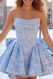 Bule Jacquard Strapless A-Line Short Homecoming Dress with Bow