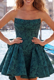 Bule Jacquard Strapless A-Line Short Homecoming Dress with Bow