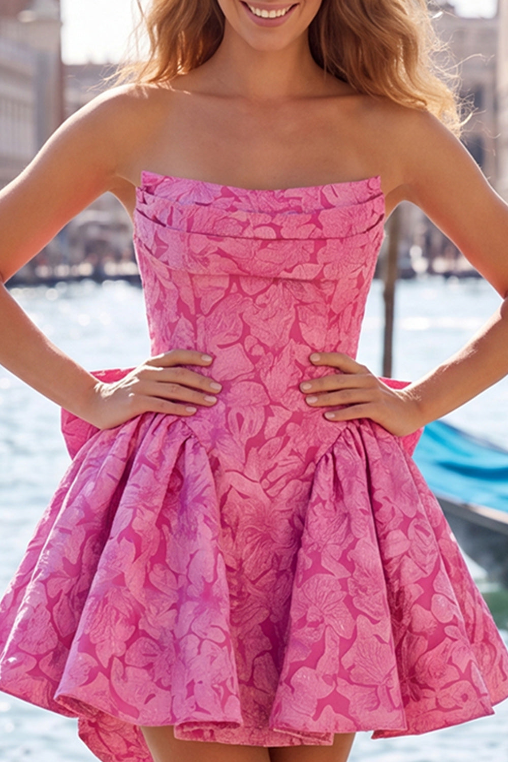 Bule Jacquard Strapless A-Line Short Homecoming Dress with Bow