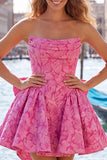 Bule Jacquard Strapless A-Line Short Homecoming Dress with Bow