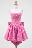 Bule Jacquard Strapless A-Line Short Homecoming Dress with Bow
