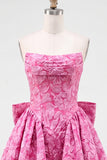 Bule Jacquard Strapless A-Line Short Homecoming Dress with Bow