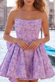 Bule Jacquard Strapless A-Line Short Homecoming Dress with Bow