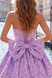 Bule Jacquard Strapless A-Line Short Homecoming Dress with Bow