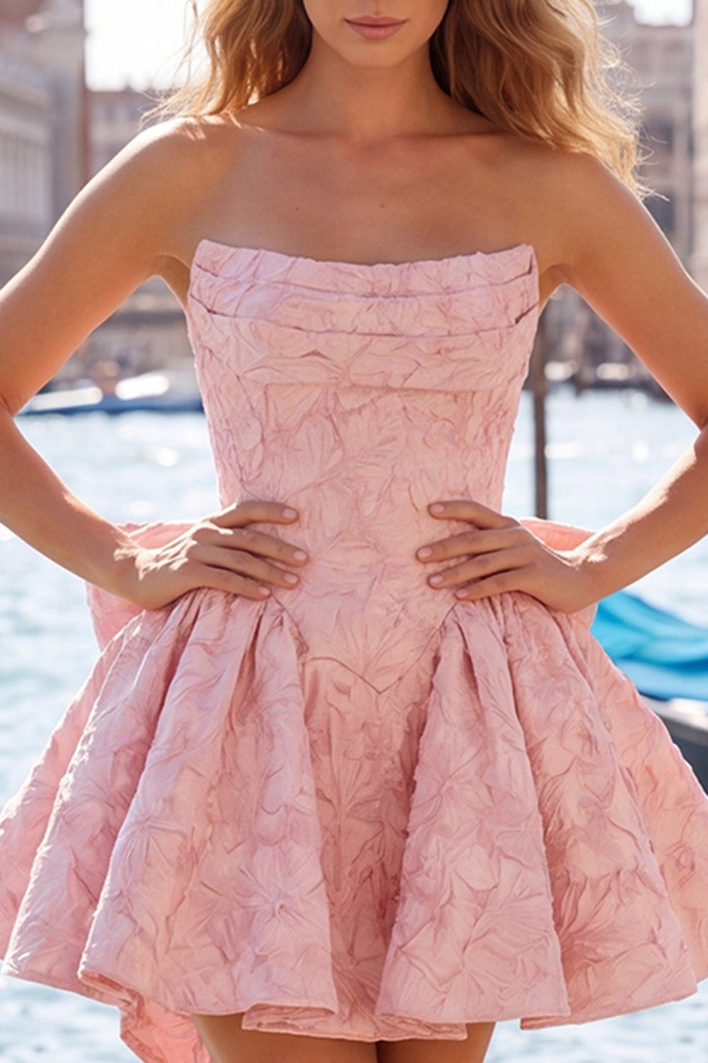 Bule Jacquard Strapless A-Line Short Homecoming Dress with Bow