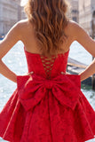 Bule Jacquard Strapless A-Line Short Homecoming Dress with Bow