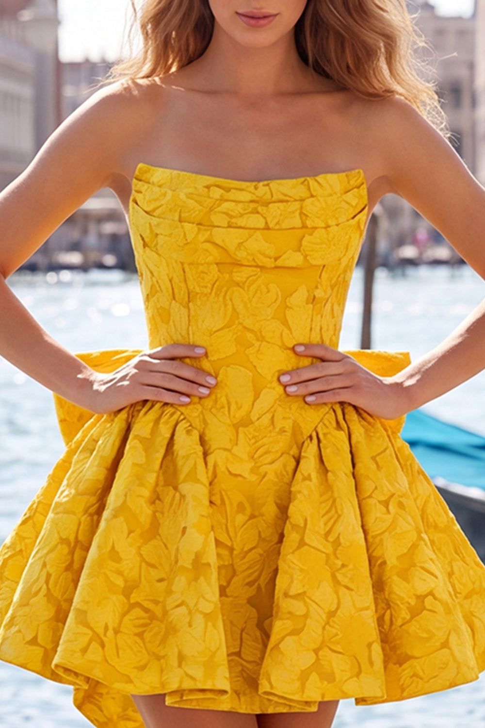 Bule Jacquard Strapless A-Line Short Homecoming Dress with Bow