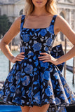 Gold and Black Floral A-Line Short Homecoming Dress with Bow