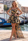 Gold and Black Floral A-Line Short Homecoming Dress with Bow