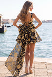 Gold and Black Floral A-Line Short Homecoming Dress with Bow