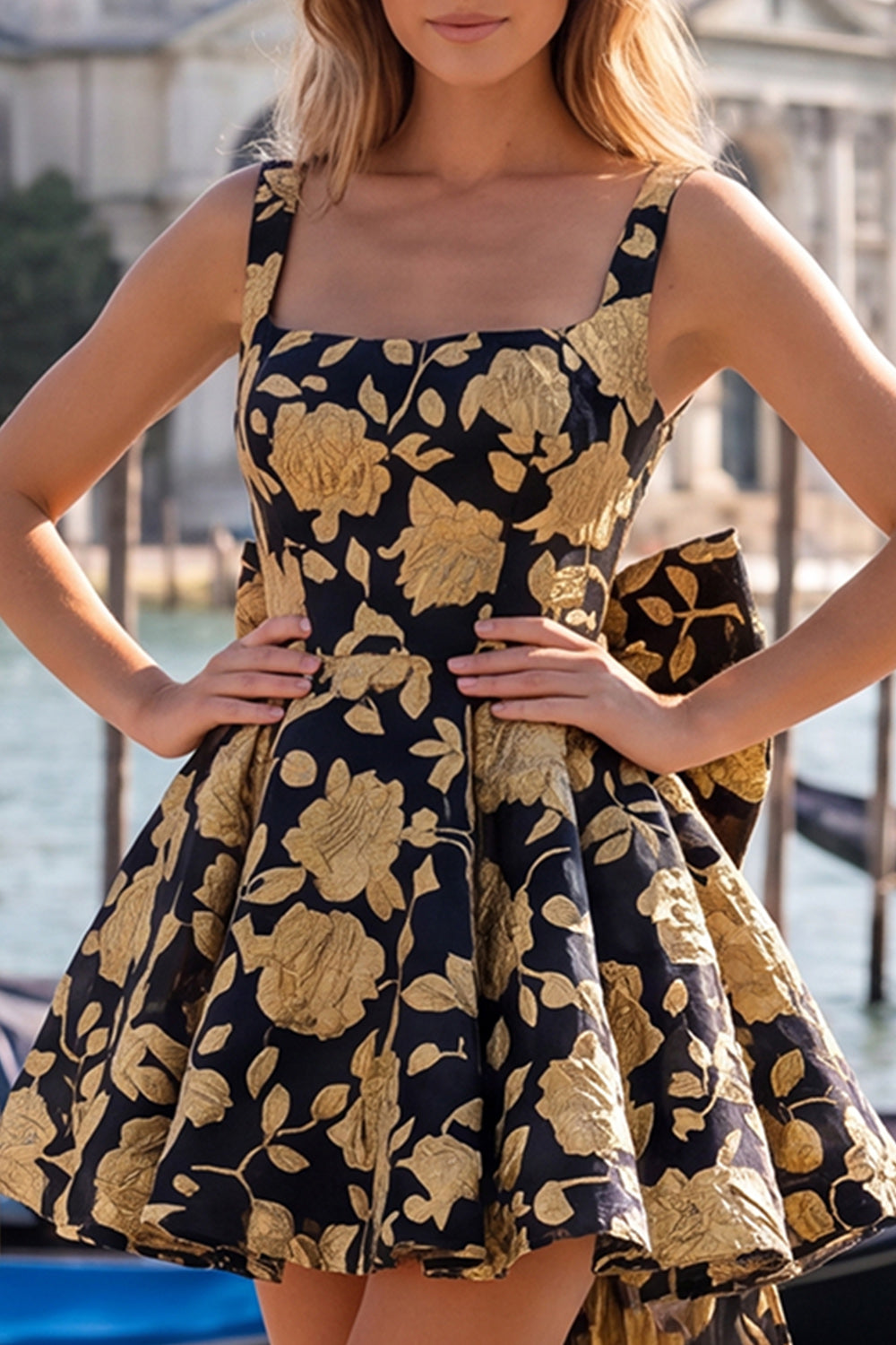 Gold and Black Floral A-Line Short Homecoming Dress with Bow