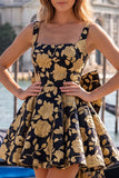 Gold and Black Floral A-Line Short Homecoming Dress with Bow