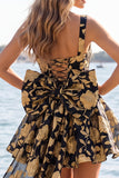 Gold and Black Floral A-Line Short Homecoming Dress with Bow