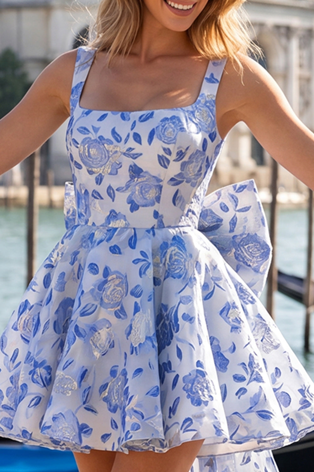 Gold and Black Floral A-Line Short Homecoming Dress with Bow