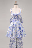 Gold and Black Floral A-Line Short Homecoming Dress with Bow