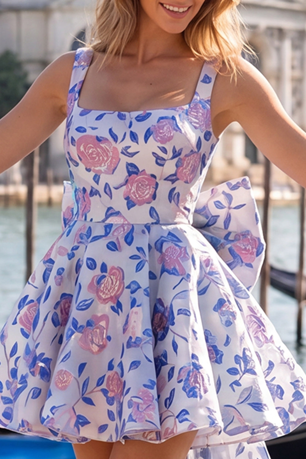 Gold and Black Floral A-Line Short Homecoming Dress with Bow