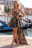 Gold and Black Floral A-Line Short Homecoming Dress with Bow