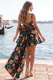 Gold and Black Floral A-Line Short Homecoming Dress with Bow