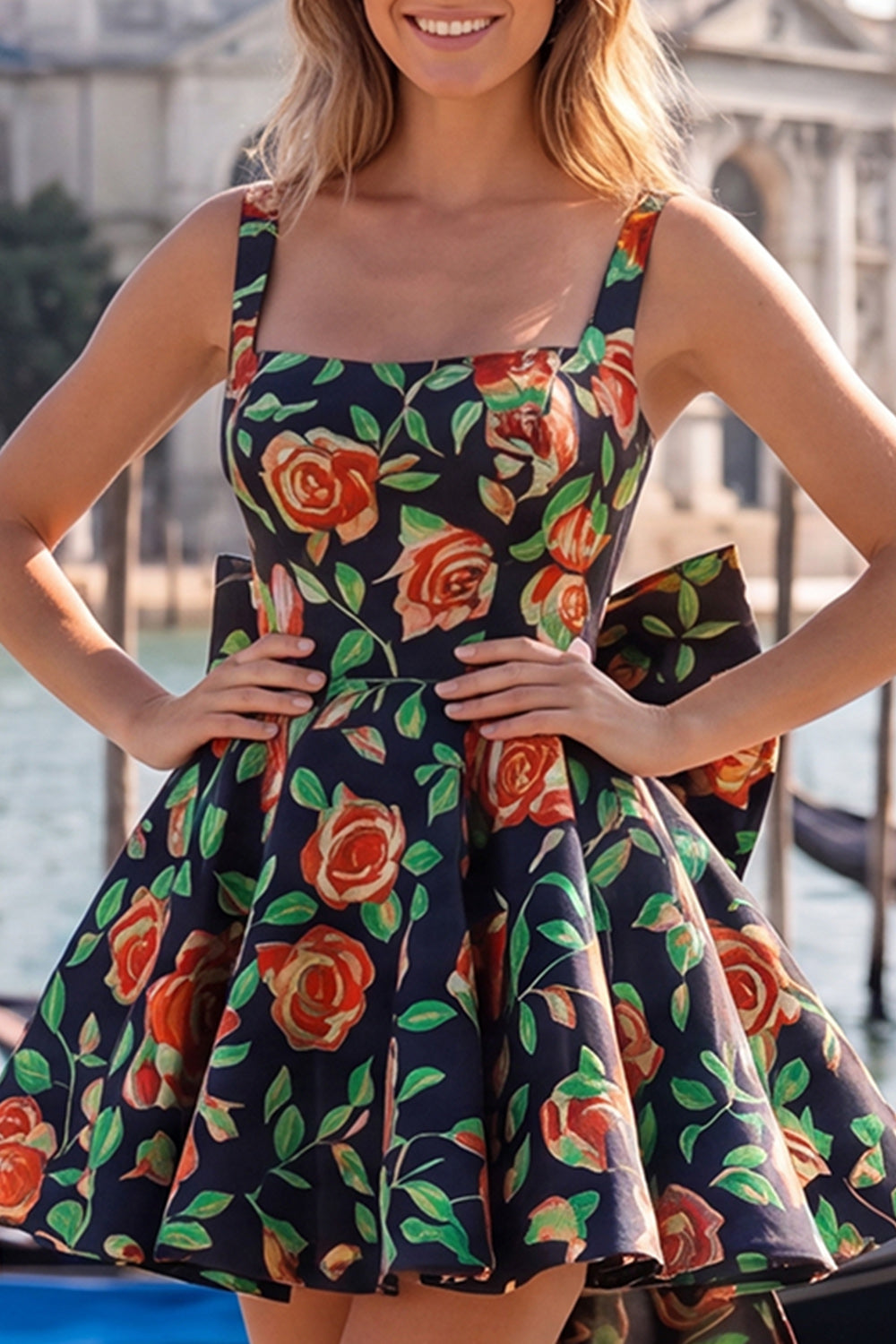 Gold and Black Floral A-Line Short Homecoming Dress with Bow