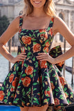 Gold and Black Floral A-Line Short Homecoming Dress with Bow