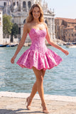 Floral Pink Jacquard A-Line Short Corset Homecoming Dress