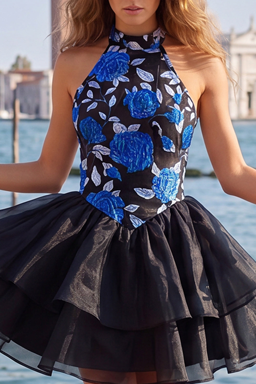 Blue Floral High Neck Tiered Ruffled Short Homecoming Dress