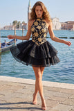 Blue Floral High Neck Tiered Ruffled Short Homecoming Dress