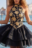 Blue Floral High Neck Tiered Ruffled Short Homecoming Dress