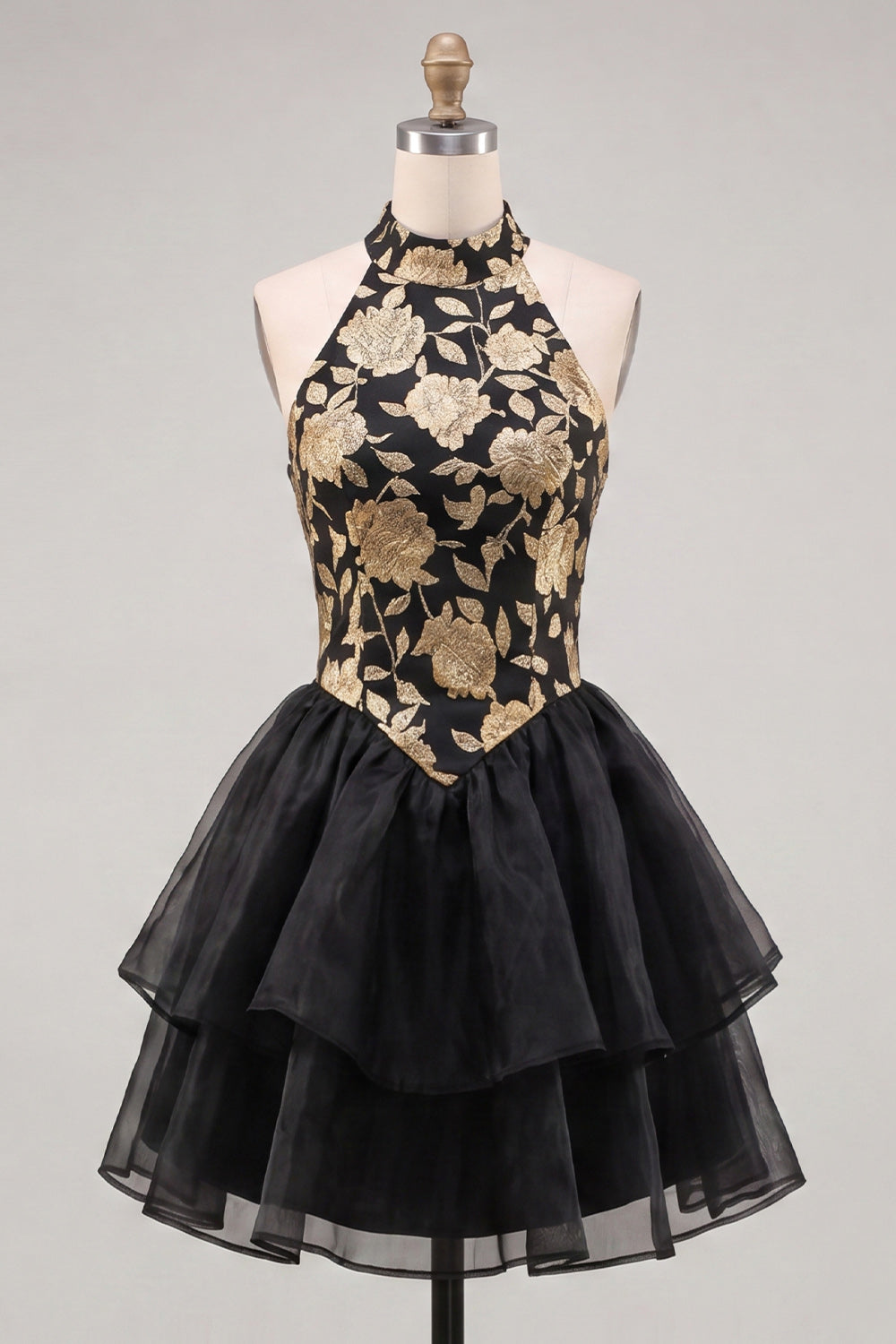 Blue Floral High Neck Tiered Ruffled Short Homecoming Dress