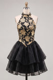 Blue Floral High Neck Tiered Ruffled Short Homecoming Dress