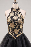 Blue Floral High Neck Tiered Ruffled Short Homecoming Dress