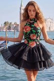Blue Floral High Neck Tiered Ruffled Short Homecoming Dress