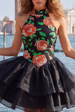 Blue Floral High Neck Tiered Ruffled Short Homecoming Dress