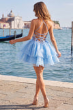 Blue Floral High Neck Tiered Ruffled Short Homecoming Dress