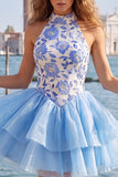 Blue Floral High Neck Tiered Ruffled Short Homecoming Dress