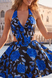 Lilac Floral Corset Halter Neck Cut Out Short Homecoming Dress