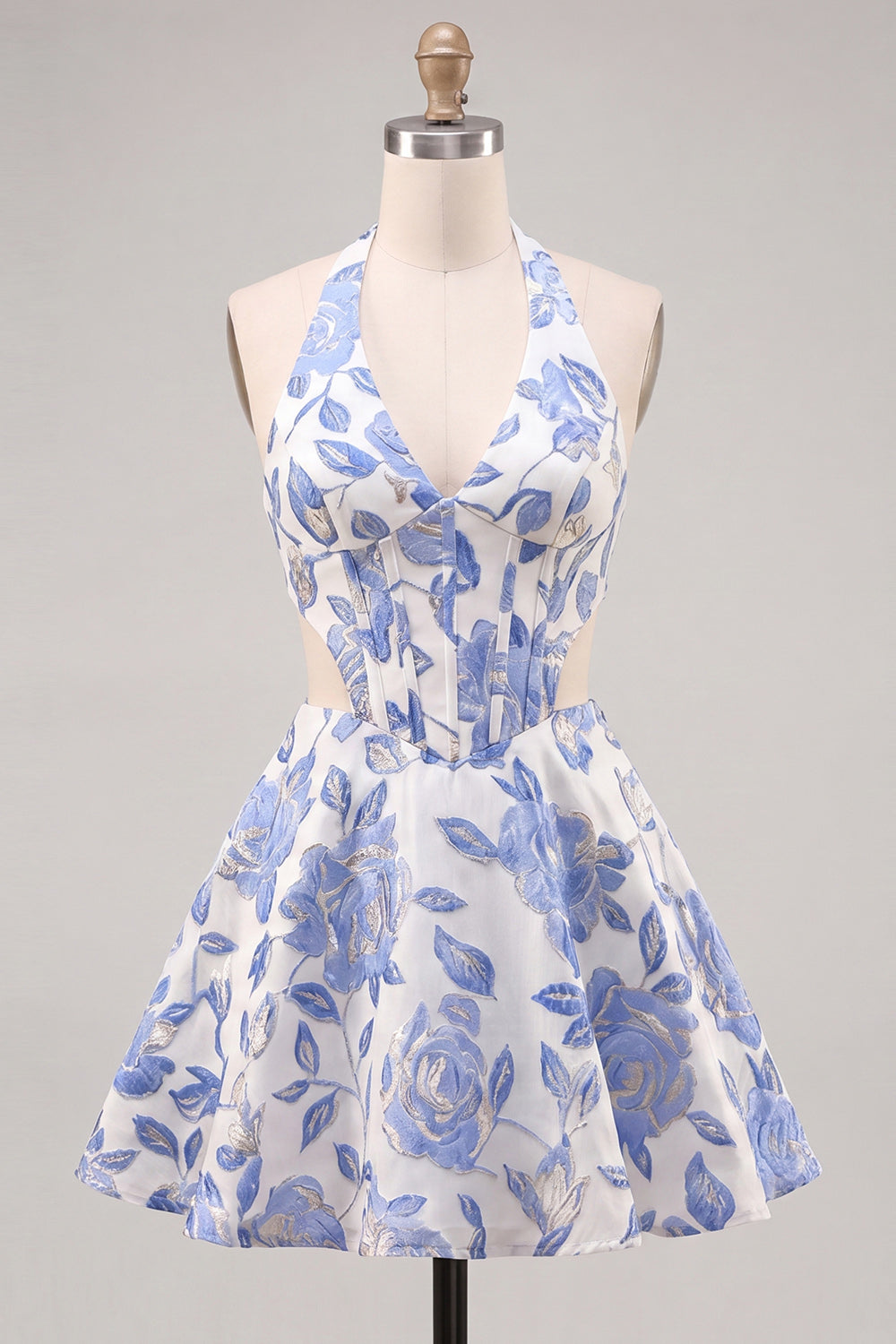Lilac Floral Corset Halter Neck Cut Out Short Homecoming Dress