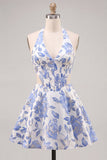 Lilac Floral Corset Halter Neck Cut Out Short Homecoming Dress