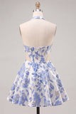 Lilac Floral Corset Halter Neck Cut Out Short Homecoming Dress