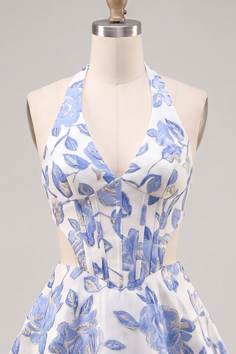 Lilac Floral Corset Halter Neck Cut Out Short Homecoming Dress