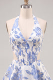 Lilac Floral Corset Halter Neck Cut Out Short Homecoming Dress