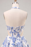 Lilac Floral Corset Halter Neck Cut Out Short Homecoming Dress