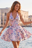 Lilac Floral Corset Halter Neck Cut Out Short Homecoming Dress