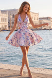 Lilac Floral Corset Halter Neck Cut Out Short Homecoming Dress