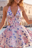 Lilac Floral Corset Halter Neck Cut Out Short Homecoming Dress